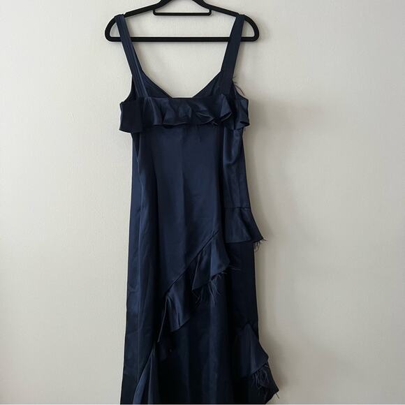 Cinq a Sept Gigi Navy Ruffle Feather Silk Satin Midi Dress - Picture 10 of 10